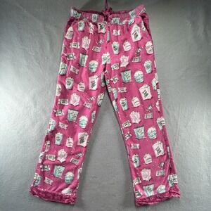 Munki Munki Pajama Pants Womens Small Pink Flannel Popcorn Print Lounge Movie *